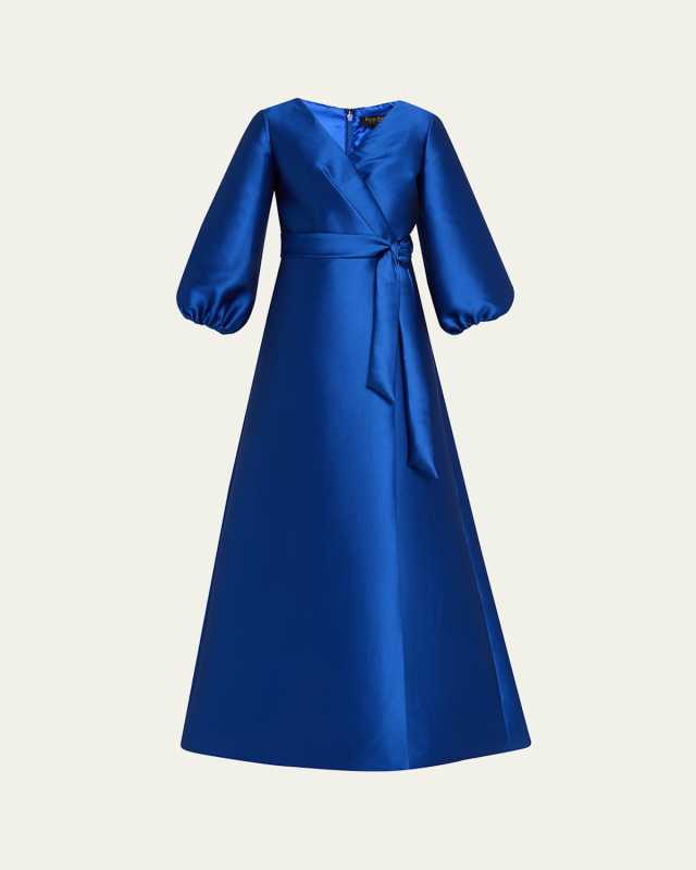 Bishop-Sleeve Mikado Pique Wrap Gown